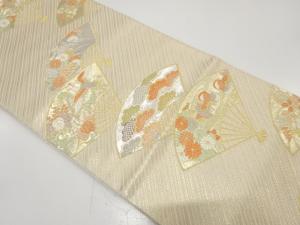 扇に鴛鴦・鶴・草花模様織り出し　袋帯